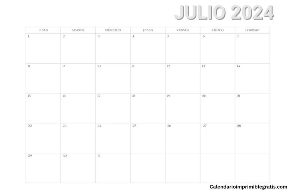 Calendario Julio 2024 de lunes a domingo