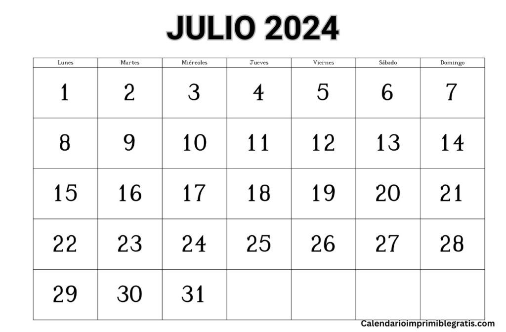 Calendario Julio 2024 inicio lunes