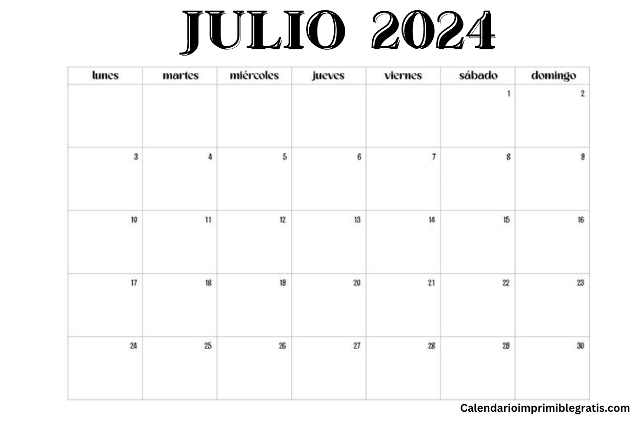 Calendario Julio 2024 para imprimir gratis