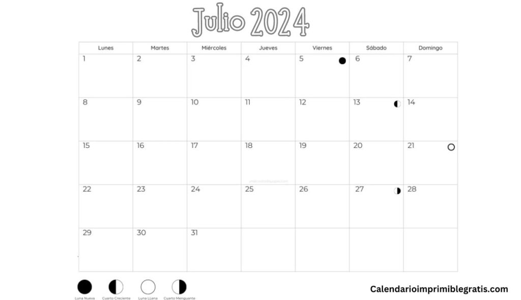 Calendario de Fases Lunares de Julio 2024 para Imprimir Gratis