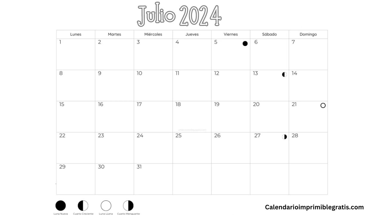 Calendario Lunar Julio 2024 Fases Lunares