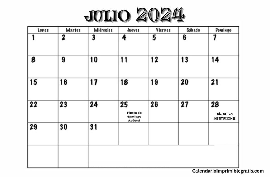 Calendario de inicio del lunes de julio de 2024