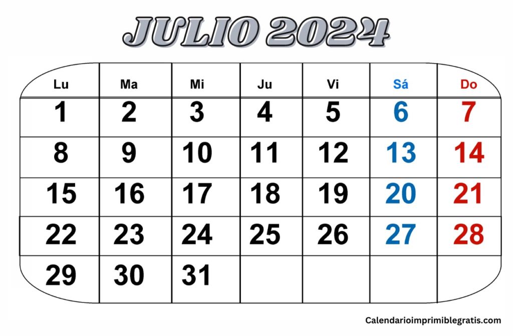 Calendario de páginas en blanco de julio de 2024