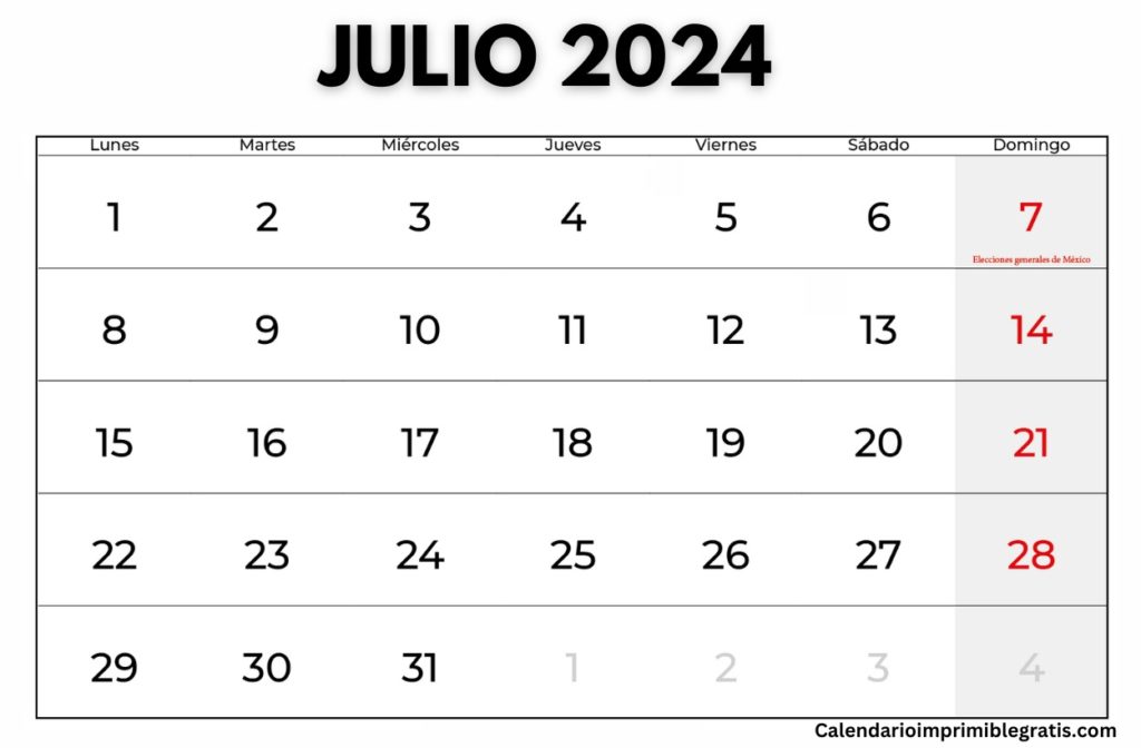 Calendario de plantilla en blanco imprimible de julio de 2024