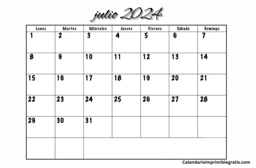 Calendario editable julio 2024