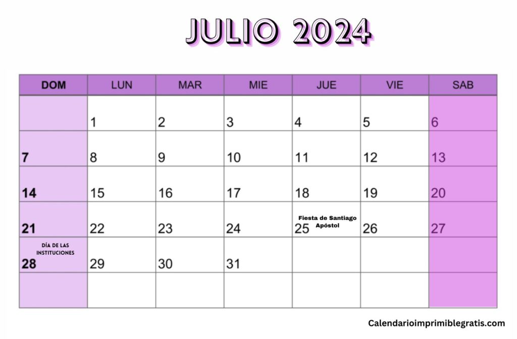 Calendario festivos julio 2024 España