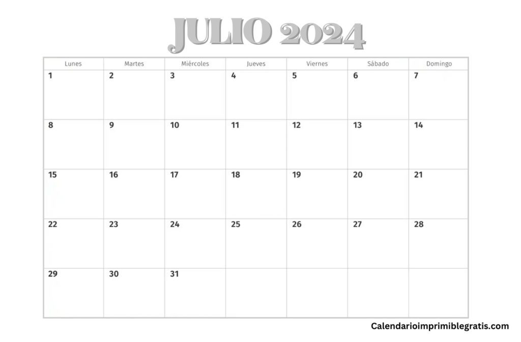 Calendario julio 2024 rellenable