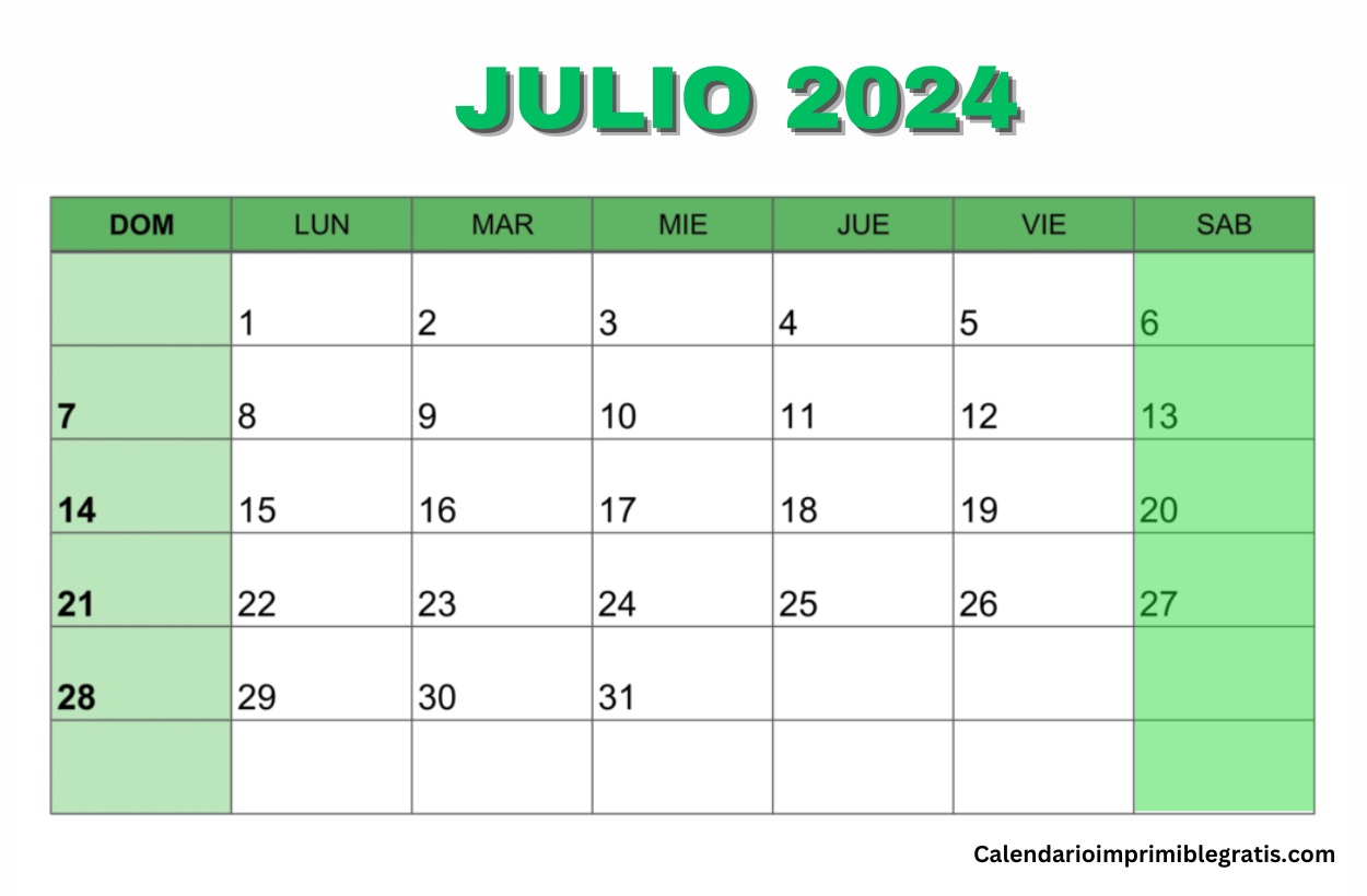 Calendario rellenable julio 2024