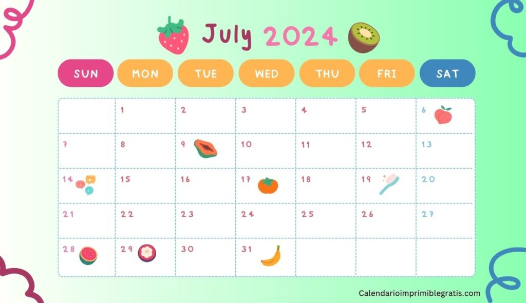 Cute 2024 July Calendar