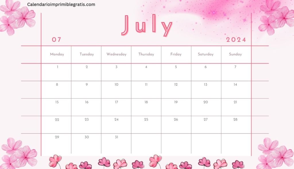 Floral 2024 July Calendar for home