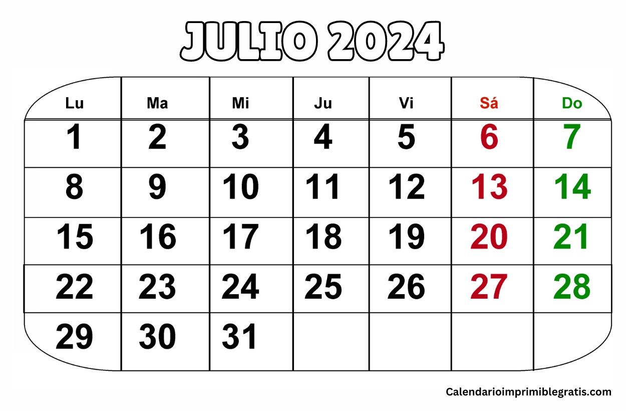 Julio 2024 Calendario personalizable PDF
