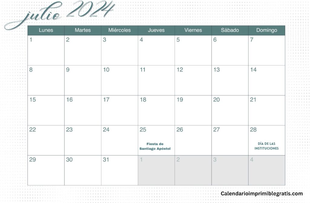 Lindo calendario de julio de 2024 con días festivos