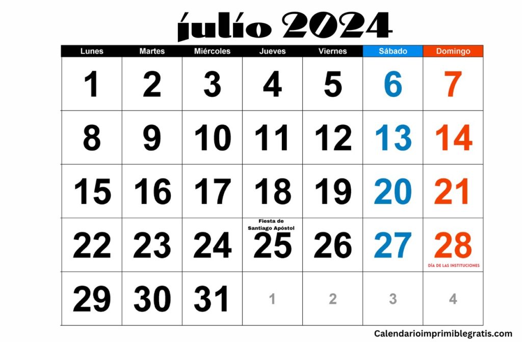 Plantilla de calendario de días festivos de julio de 2024