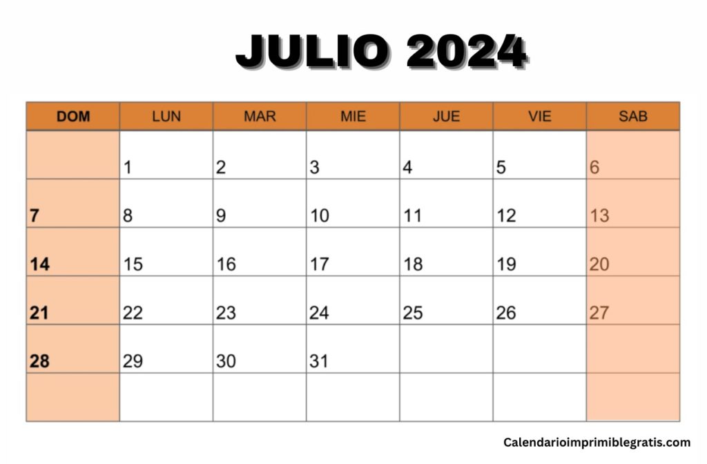 Word de plantilla de calendario en blanco de julio 2024