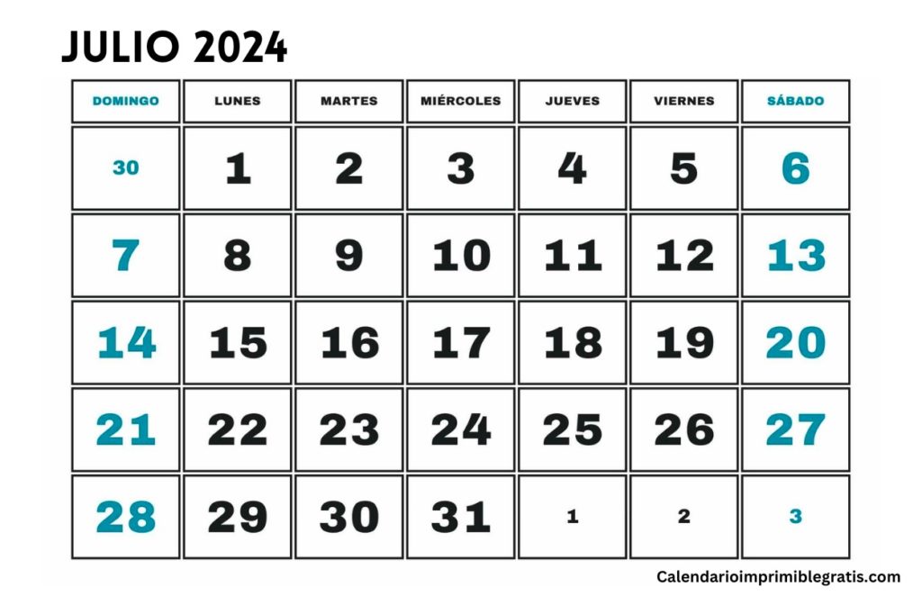 formato en blanco calendario julio 2024