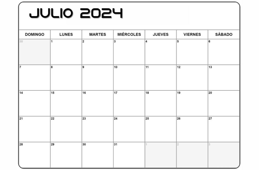 plantilla de calendario en blanco de julio de 2024