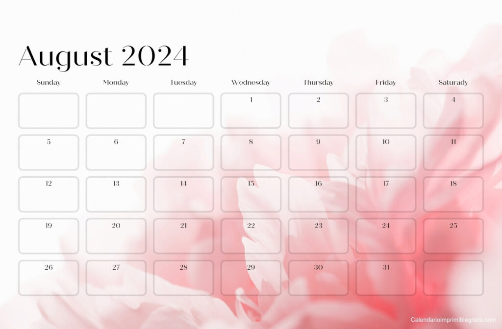 August 2024 Calendar Floral PNG