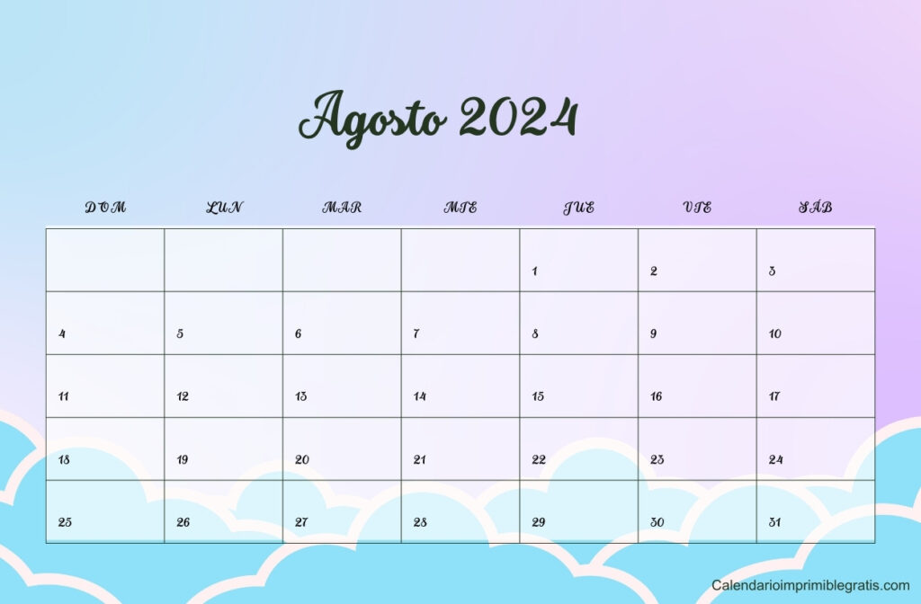 Calendario Agosto 2024 lindo PNG