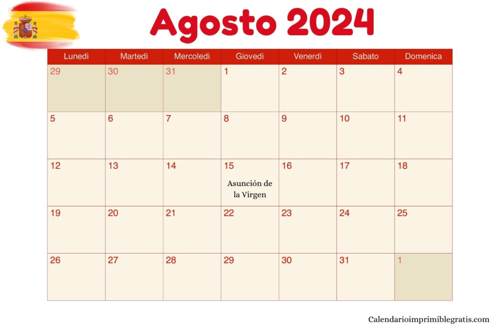 Calendario Feriados España Agosto 2024 Gratis