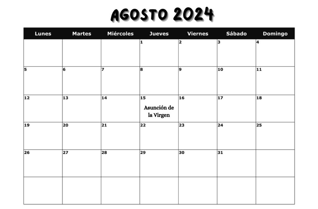 Calendario Festivos Agosto 2024 PDF