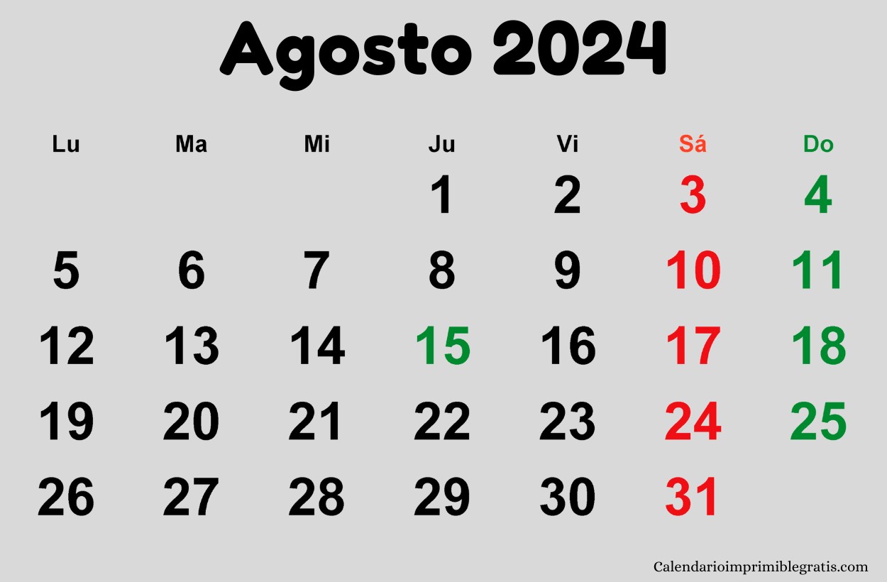 Calendario de plantilla imprimible de Agosto de 2024