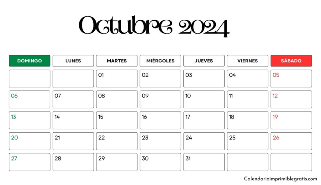 Calendario en blanco octubre de 2024