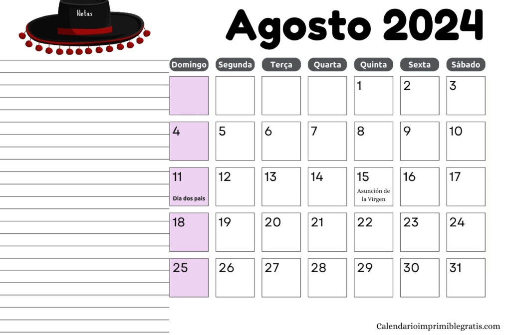 Calendario festivos de Agosto de 2024 para imprimir gratis