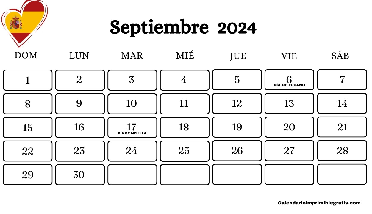 Calendario festivos de septiembre de 2024 de España para imprimir gratis