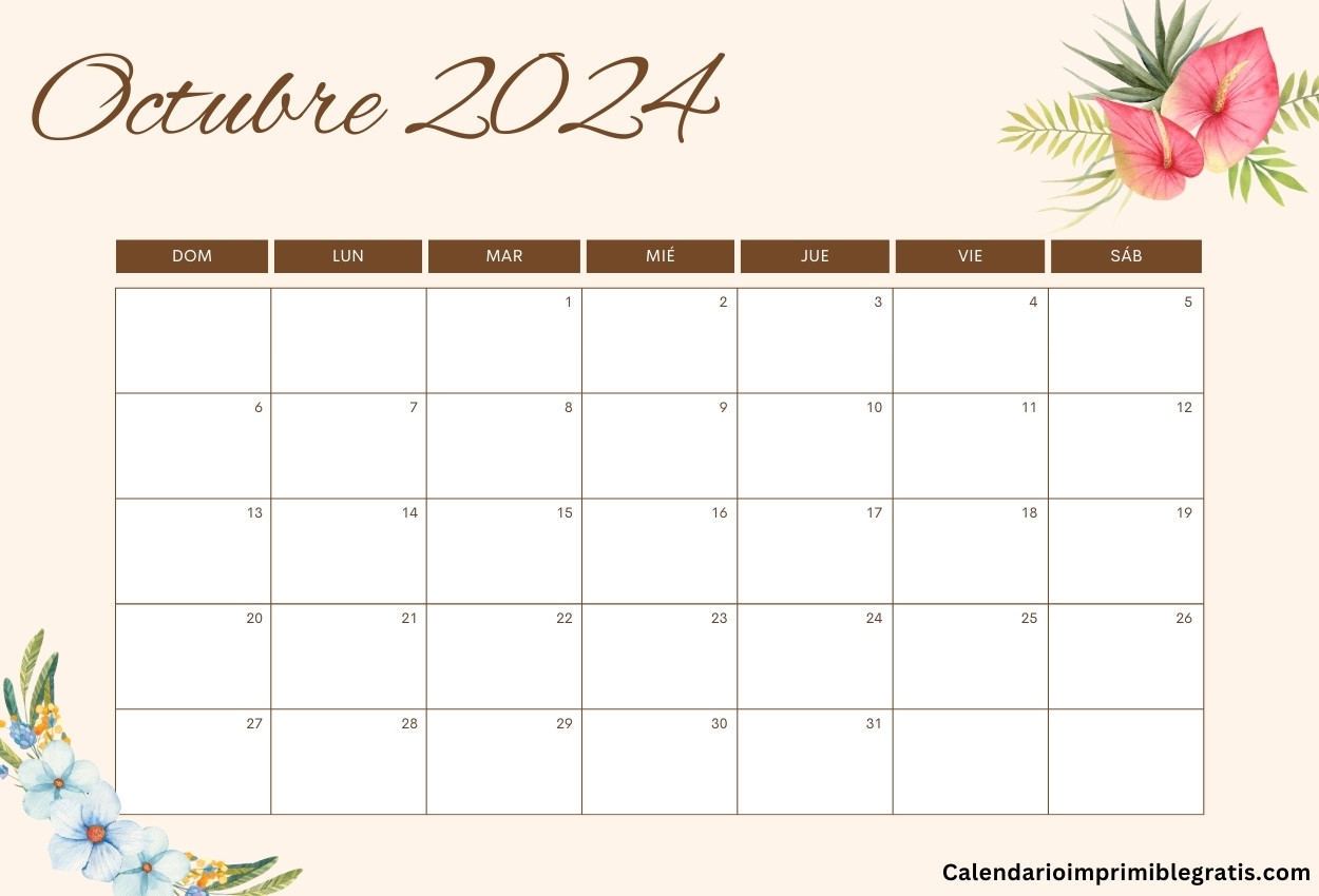 Calendario floral gratuito de octubre de 2024