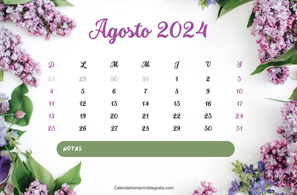 Diseños de calendario floral de Agosto de 2024