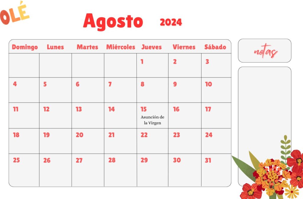 Lindo Calendario de Agosto de 2024 con días Festivos
