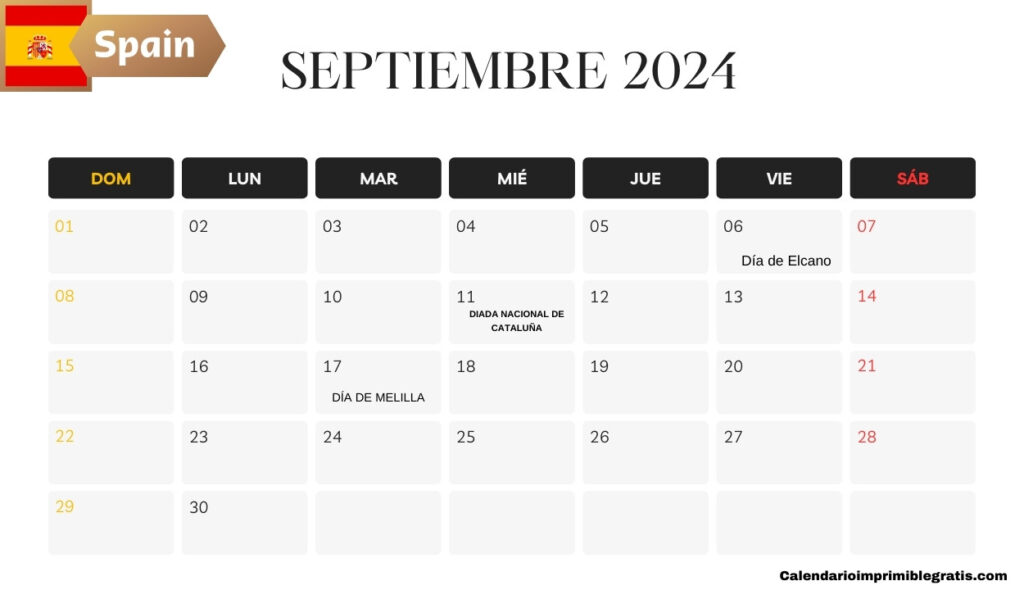 Lindo calendario de España de septiembre de 2024 con días festivos