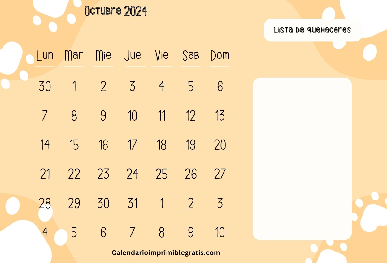 Lindo calendario de octubre de 2024 para el hogar