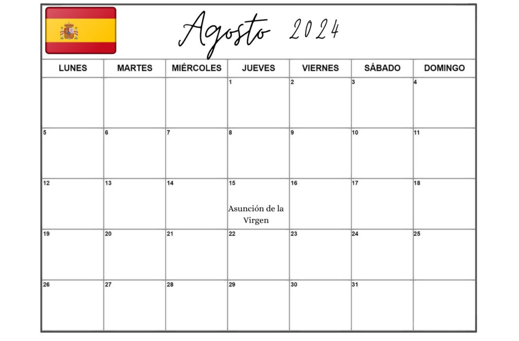 Plantilla de calendario de días festivos de Agosto de 2024 en España