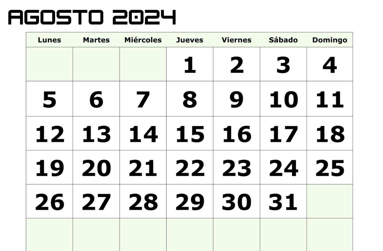 Plantilla de calendario en blanco de Agosto de 2024
