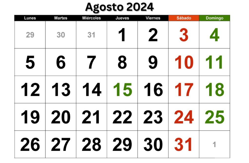 Plantilla de calendario mensual gratuita de Agosto de 2024
