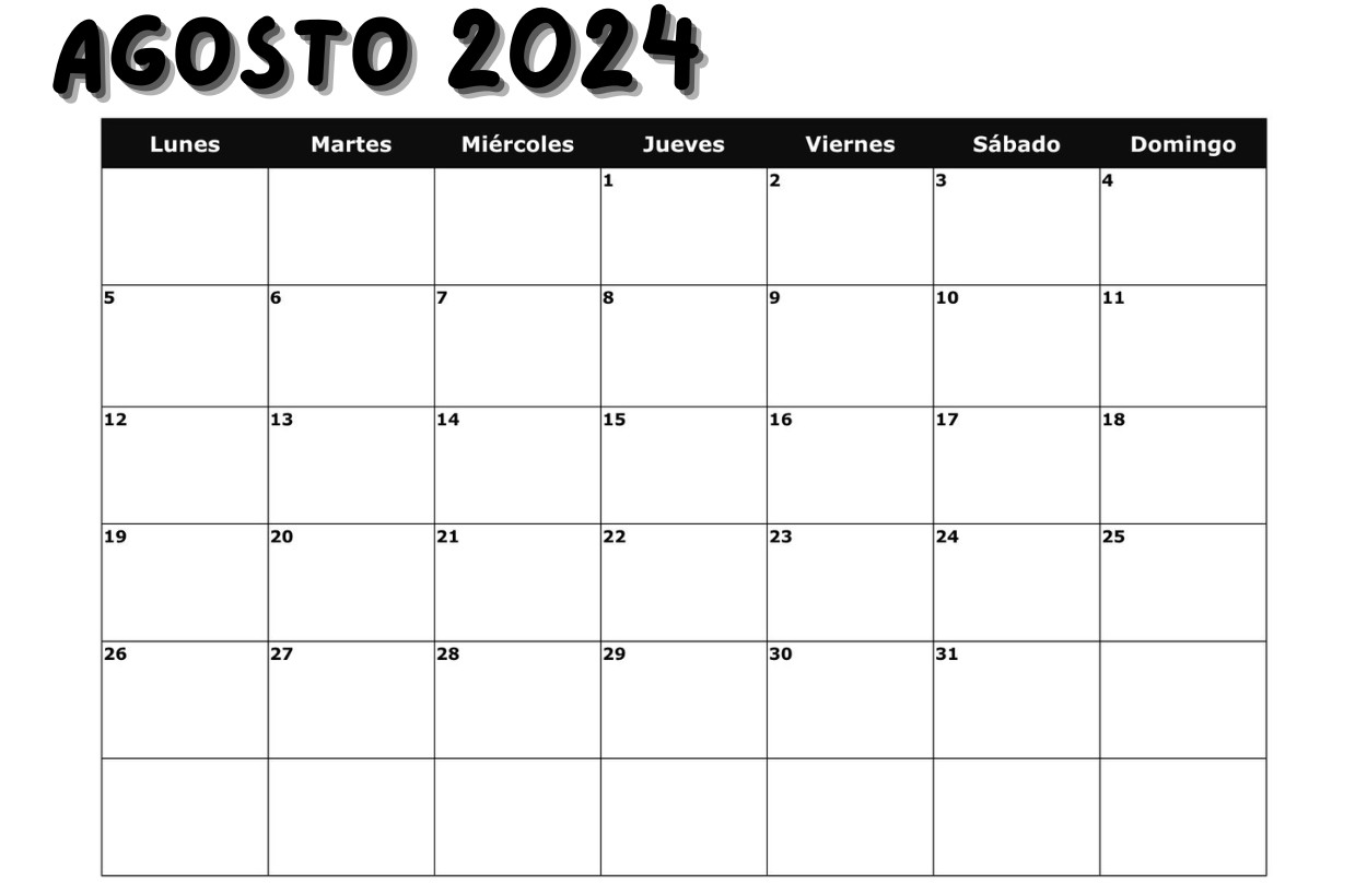 formato en blanco calendario Agosto 2024