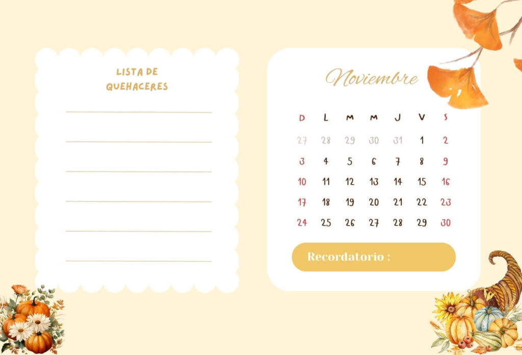 Calendario Decorativo Noviembre 2024
