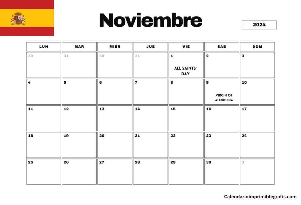 Calendario Feriados España Noviembre 2024 Excel
