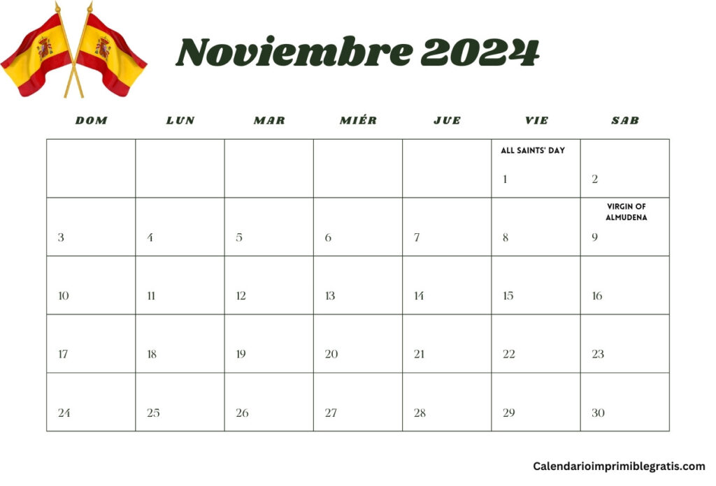Calendario Festivos de Noviembre de 2024 de España Para Imprimir Gratis