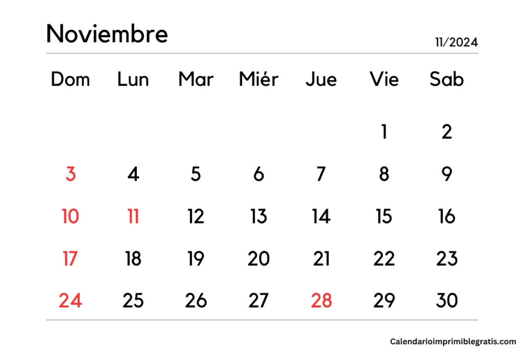 Calendario Noviembre 2024 para Imprimir