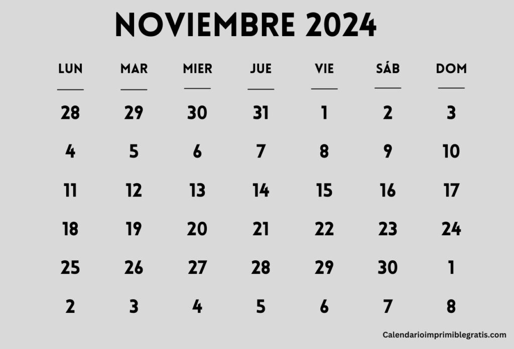 Calendario Word Noviembre 2024