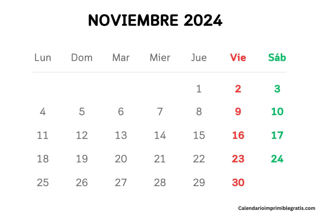 Calendario editable noviembre 2024