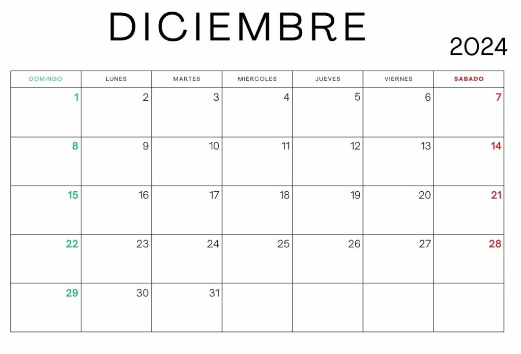 Calendario en blanco de diciembre de 2024