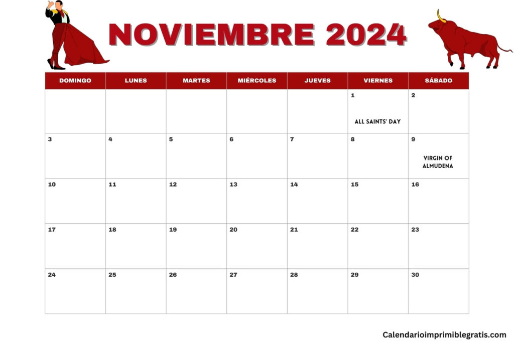 Lindo Calendario de España de Noviembre de 2024 con Días Festivos