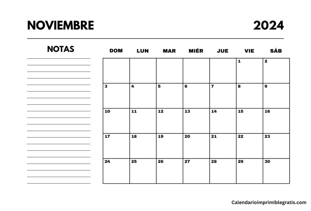Noviembre 2024 Calendario notable