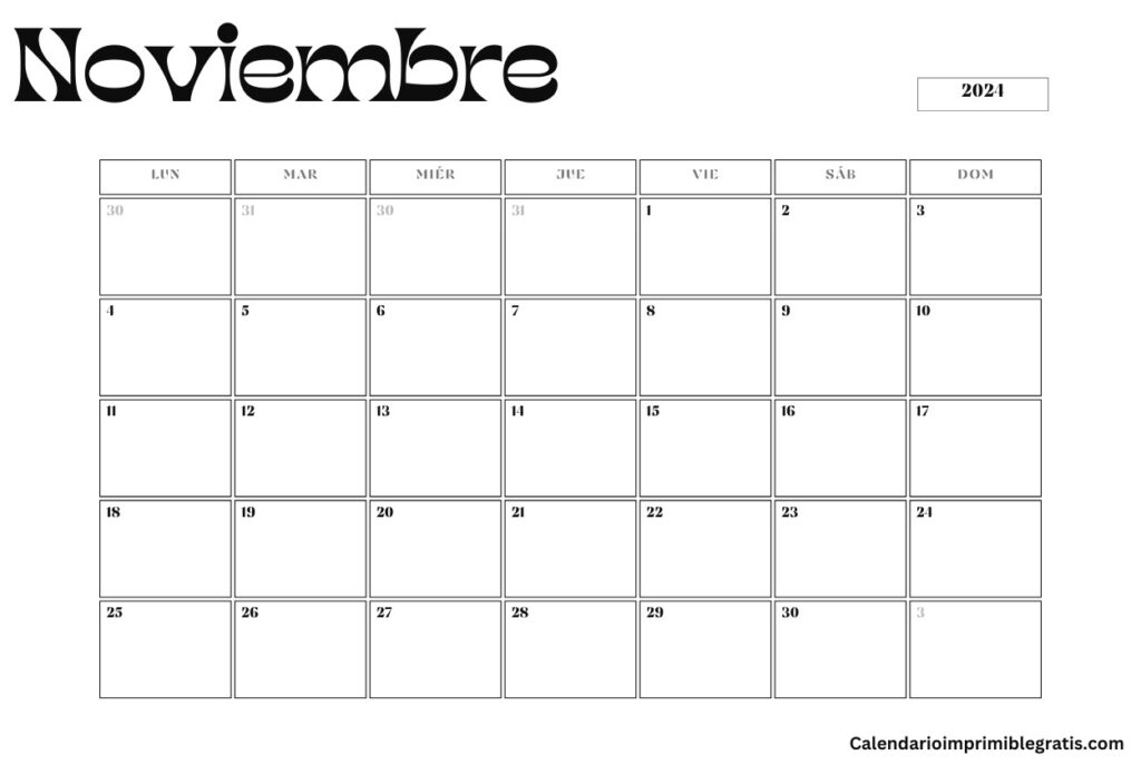 Plantilla de Calendario Mensual Gratuita de Noviembre de 2024