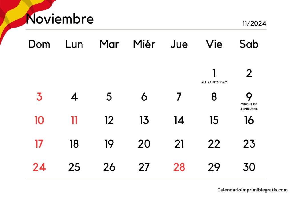 Plantilla de calendario de días festivos en España de noviembre de 2024